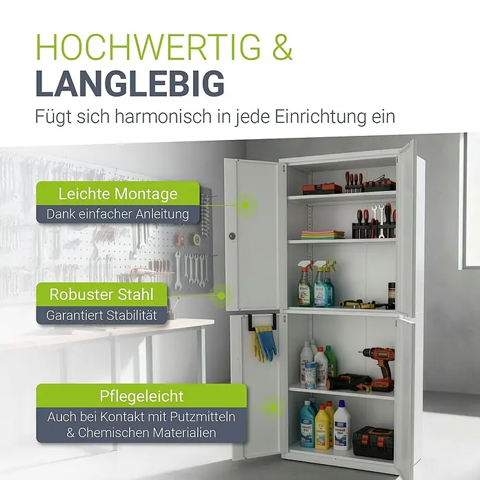 Juskys Aktenschrank Aktenschrank - B x T x H: 80 x 40 x 180 cm, Weiß - Weißer Metallschrank mit offenen Türen, der Werkzeuge und Reinigungsmittel in seinen Fächern zeigt.