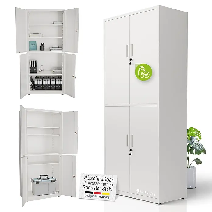 Juskys Aktenschrank Aktenschrank - B x T x H: 80 x 40 x 180 cm, Weiß - Weißer, abschließbarer Stahlschrank mit vier Türen und Regalböden zur Aufbewahrung.