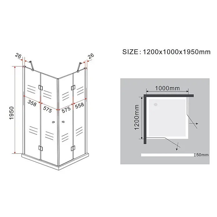 Glasdeals Eckdusche CORNO 120 x 100 x 195 cm - 100 x 120 x 195 cm, Beschichtet, Chrom, Stärke: 8 mm - Eckduschkabine aus Klarglas mit silbernem Rahmen und Schwingtüren, Maße angegeben.
