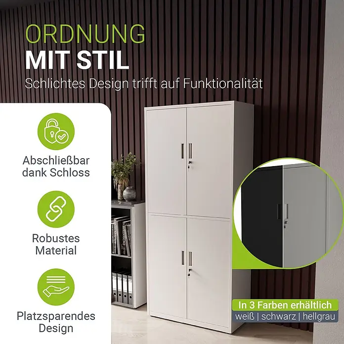 Juskys Aktenschrank Aktenschrank - B x T x H: 80 x 40 x 180 cm, Weiß - Weißer Metallschrank mit zwei abschließbaren Fächern, auch in Schwarz und Hellgrau erhältlich.