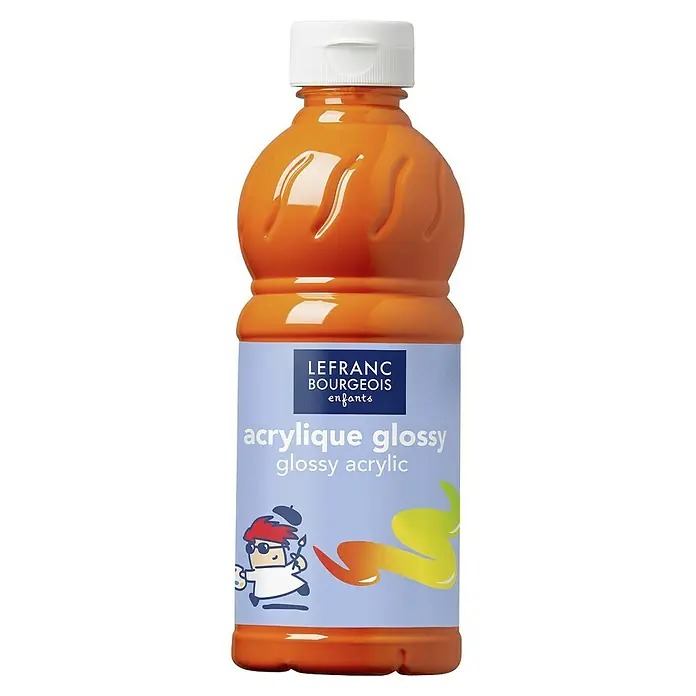 Lefranc & Bourgeois Acrylfarbe Glossy - Orange, 500 ml, Flasche - Lefranc Bourgeois Acrylfarbe für Kinder in einer orangefarbenen Flasche mit glänzendem Finish und weißem Verschluss.