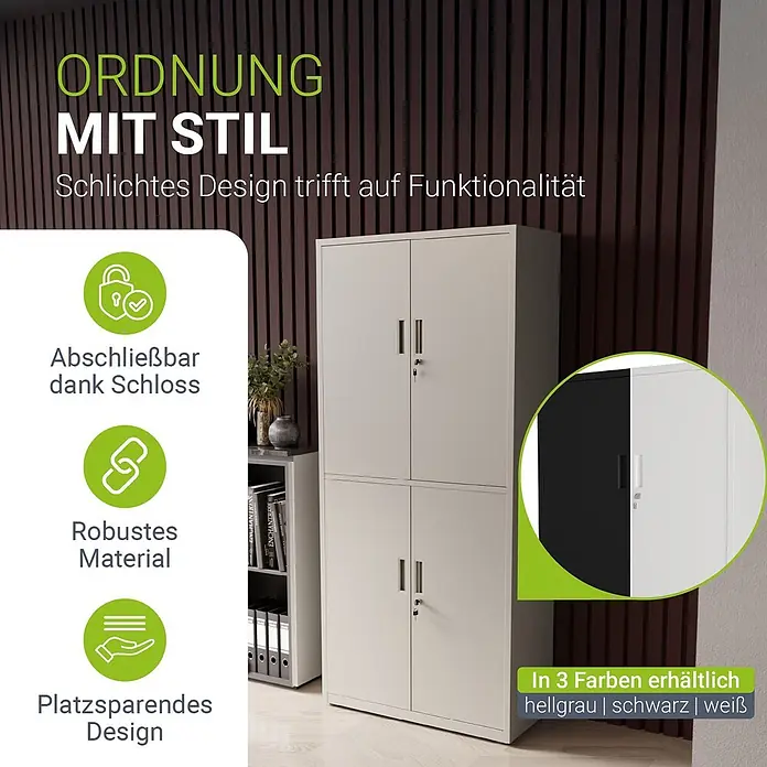 Juskys Aktenschrank Aktenschrank - B x T x H: 80 x 40 x 180 cm, Hellgrau - Hellgrauer abschließbarer Stahlschrank mit zwei Fächern und Türen. Robustes, platzsparendes Design, auch in Schwarz und Weiß erhältlich.