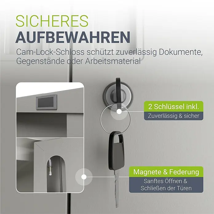 Juskys Aktenschrank Aktenschrank - B x T x H: 80 x 40 x 180 cm, Hellgrau - Graue Schrankdetails: Cam-Lock, 2 Schlüssel, Magnete & Federung für sicheres und sanftes Öffnen/Schließen.