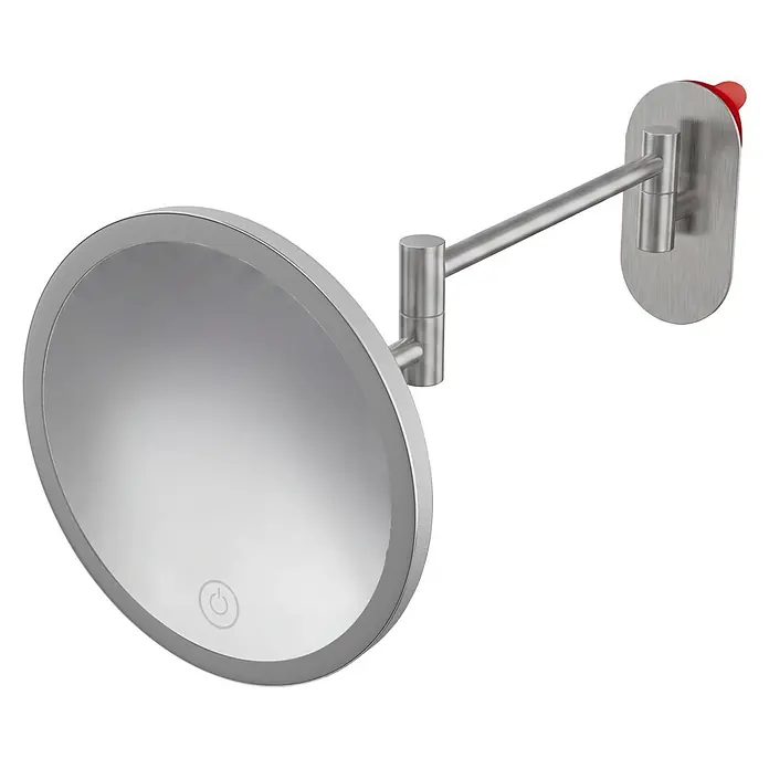 Camargue Antwerpen Kosmetikspiegel - Durchmesser: 17,8 cm, Rund, Silber - Wandmontierter, runder Kosmetikspiegel aus gebürstetem Metall mit ausziehbarem Arm und LED-Beleuchtung, mit Touch-Power-Taste.