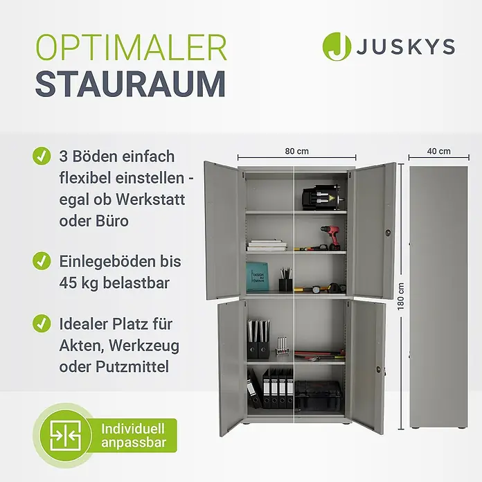 Juskys Aktenschrank Aktenschrank - B x T x H: 80 x 40 x 180 cm, Hellgrau - Grauer Metallschrank mit 3 flexiblen, bis 45 kg belastbaren Einlegeböden, ideal für Werkstatt oder Büro, 80x40x180 cm.