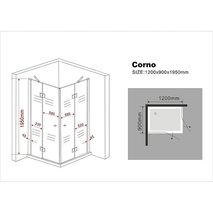 Glasdeals Eckdusche CORNO 120 x 90 x 195 cm - 90 x 120 x 195 cm, Beschichtet, Chrom, Stärke: 8 mm - Eckduschkabine mit Klarglaspaneelen und Metallrahmen, Maße 1200x900x1950mm.