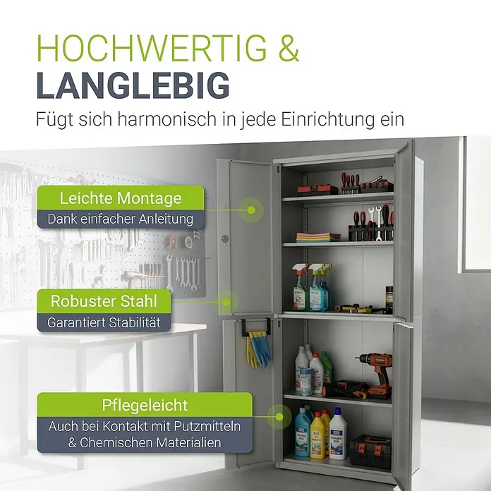 Juskys Aktenschrank Aktenschrank - B x T x H: 80 x 40 x 180 cm, Hellgrau - Grauer Metallschrank aus robustem Stahl zur Aufbewahrung von Werkzeugen und Reinigungsartikeln, montagefreundlich und pflegeleicht.