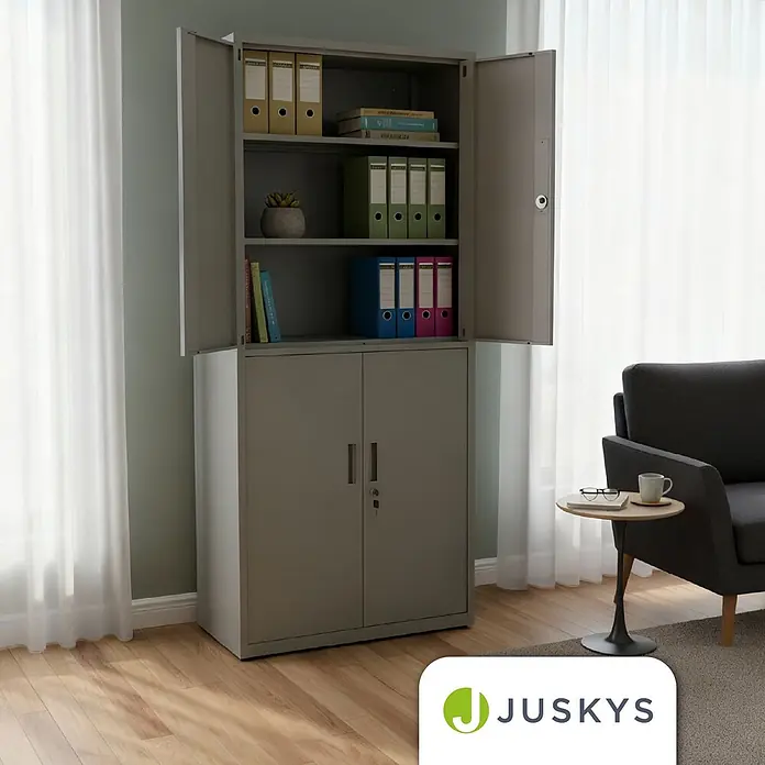 Juskys Aktenschrank Aktenschrank - B x T x H: 80 x 40 x 180 cm, Hellgrau - Grauer Metall-Aktenschrank mit offenen oberen Regalen und geschlossenen unteren Türen.