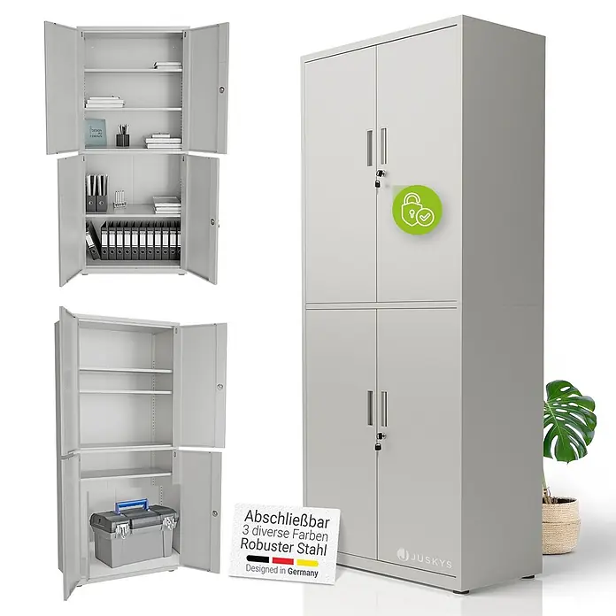 Juskys Aktenschrank Aktenschrank - B x T x H: 80 x 40 x 180 cm, Hellgrau - Grauer, abschließbarer Stahlschrank mit verstellbaren Regalböden, offen mit Büromaterial und geschlossen gezeigt.