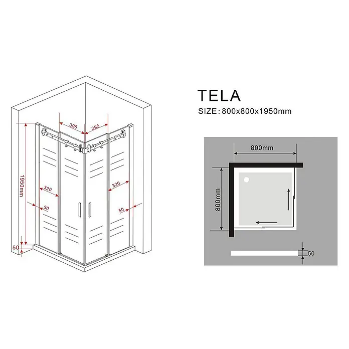 Glasdeals Eckdusche TELA 80 x 80 x 195 cm - 80 x 80 x 195 cm, Beschichtet, Chrom, Stärke: 8 mm - Eck-Duschkabine mit Glasschiebetüren, 800x800x1950mm.