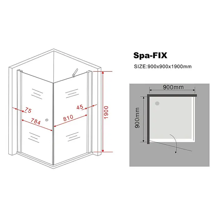 Glasdeals Eckdusche SPA-FIX 90 x 90 x 190 cm - 90 x 90 x 190 cm, Beschichtet, Chrom, Stärke: 8 mm - Eckduschkabine mit Drehtür, Glaspaneelen und Metallprofilen. Abmessungen: 900x900x1900mm.