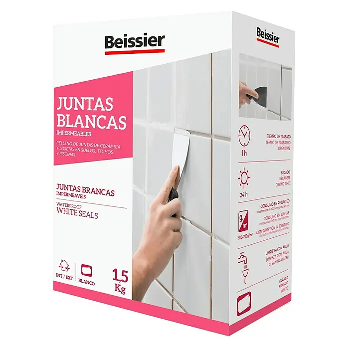 Beissier Mortero para juntas impermeables - Blanco, 1,5 kg - Beissier Juntas Blancas: Mortero impermeable para rellenar juntas de cerámica en suelos, paredes y piscinas, con secado rápido y fácil limpieza.
