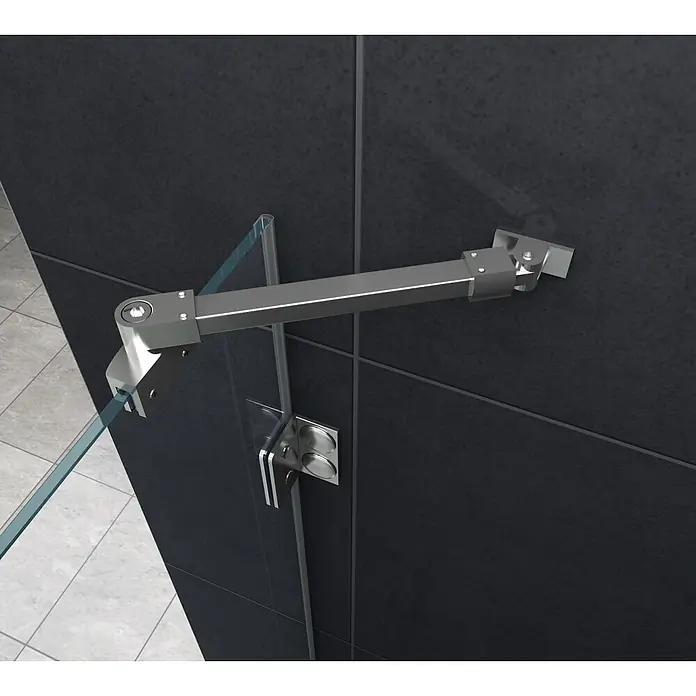 Glasdeals Eckdusche LUXORLINE 120 x 120 x 195 cm - 120 x 120 x 195 cm, Beschichtet, Chrom, Stärke: 8 mm - Chromfarbene Duschglas-Stützstange und Wandhalterungen an einer Klarglasplatte in einer dunkel gefliesten Dusche.