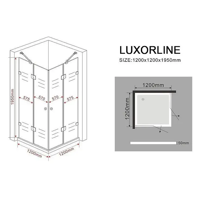 Glasdeals Eckdusche LUXORLINE 120 x 120 x 195 cm - 120 x 120 x 195 cm, Beschichtet, Chrom, Stärke: 8 mm - Eckduschkabine aus Klarglas, 1200x1200x1950mm, mit offener Tür dargestellt.