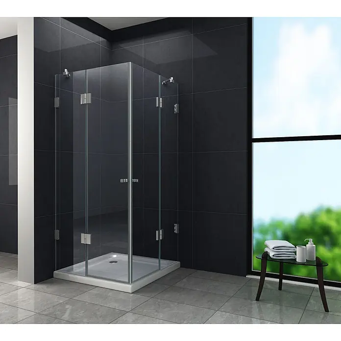 Glasdeals Eckdusche LUXORLINE 120 x 120 x 195 cm - 120 x 120 x 195 cm, Beschichtet, Chrom, Stärke: 8 mm - Duschkabine aus Klarglas mit weißer Duschwanne in einem modernen Badezimmer.