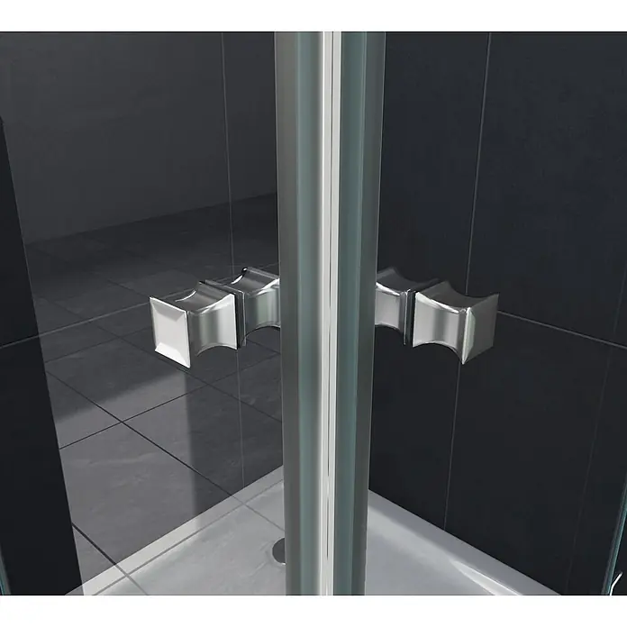 Glasdeals Eckdusche LUXORLINE 120 x 120 x 195 cm - 120 x 120 x 195 cm, Beschichtet, Chrom, Stärke: 8 mm - Zwei klare Glastürflügel mit Chromgriffen in einer dunkel gefliesten Duschkabine mit weißer Wanne.