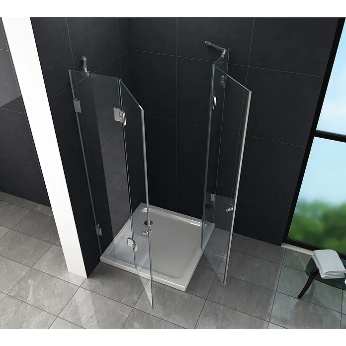 Glasdeals Eckdusche LUXORLINE 120 x 120 x 195 cm - 120 x 120 x 195 cm, Beschichtet, Chrom, Stärke: 8 mm - Duschkabine aus Klarglas mit silbernen Scharnieren und weißer rechteckiger Duschwanne in einem modernen Bad.