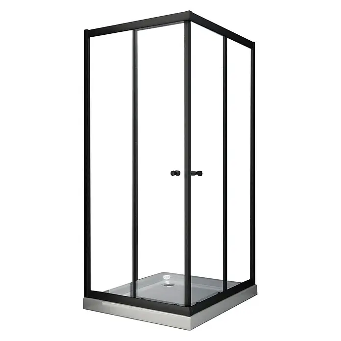 Glasdeals Eckdusche JUNISO-Q (schwarz) 80 x 80 x 190 cm - 80 x 80 x 190 cm, Beschichtet, Chrom, Stärke: 8 mm - Schwarz gerahmte Eckduschkabine mit Klarglastüren und grauer Duschwanne.