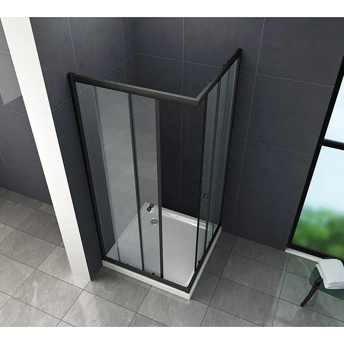 Glasdeals Eckdusche JUNISO-Q (schwarz) 80 x 80 x 190 cm - 80 x 80 x 190 cm, Beschichtet, Chrom, Stärke: 8 mm - Eckduschkabine mit schwarzem Rahmen, Klarglas und weißer Wanne.