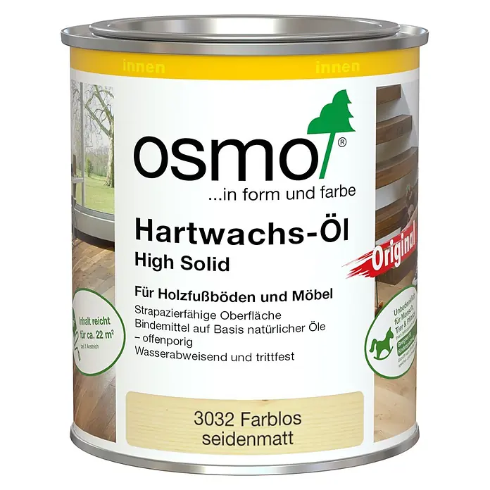 Osmo High Solid Hartwachsöl Original 3032 - Farblos, 750 ml, Seidenmatt - Osmo Hartwachs-Öl High Solid Dose, 3032 Farblos seidenmatt, für Holzfußböden und Möbel.