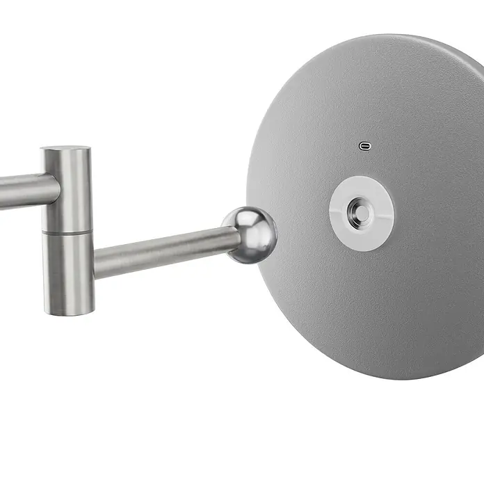 Camargue Antwerpen Kosmetikspiegel - Durchmesser: 17,8 cm, Rund, Silber - Wandmontierter, klappbarer Topffüller-Wasserhahn aus gebürstetem Edelstahl mit Gelenkarm und Drehknopf.