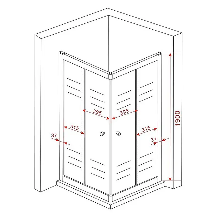 Glasdeals Eckdusche JUNISO-Q (schwarz) 80 x 80 x 190 cm - 80 x 80 x 190 cm, Beschichtet, Chrom, Stärke: 8 mm - Eckduschkabine mit klaren Glasscheiben und zwei Schiebetüren, mit wichtigen Maßen dargestellt.