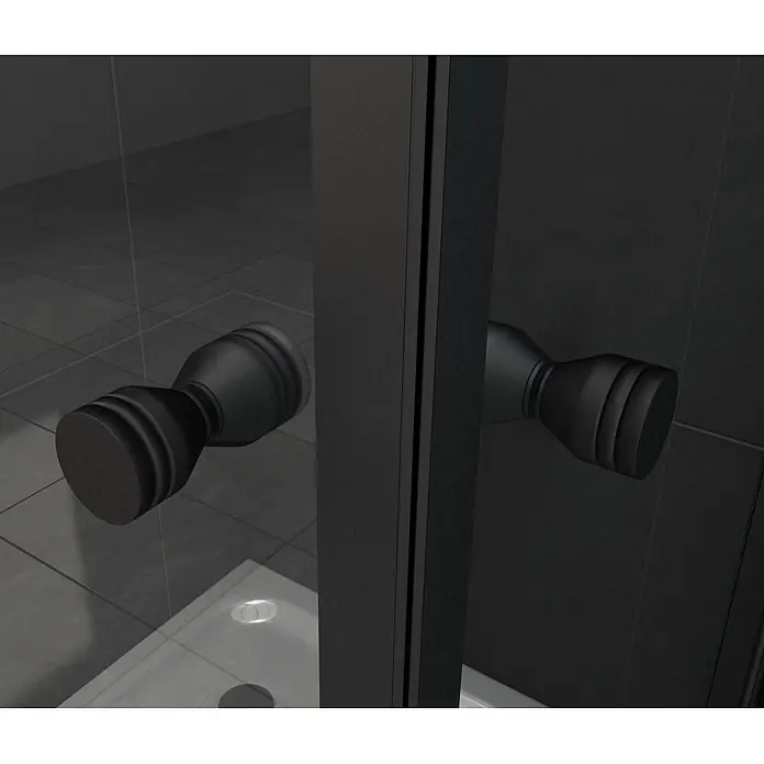 Glasdeals Eckdusche JUNISO-Q (schwarz) 80 x 80 x 190 cm - 80 x 80 x 190 cm, Beschichtet, Chrom, Stärke: 8 mm - Schwarzer Duschkabinentürgriff an einer Glastür.