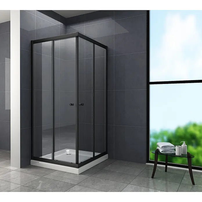 Glasdeals Eckdusche JUNISO-Q (schwarz) 80 x 80 x 190 cm - 80 x 80 x 190 cm, Beschichtet, Chrom, Stärke: 8 mm - Schwarze Duschkabine mit Glas und weißer Duschwanne in einem modernen Bad.
