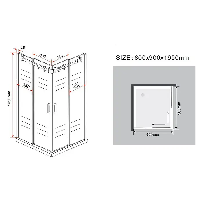 Glasdeals Eckdusche TELA 90 x 90 x 195 cm - 90 x 90 x 195 cm, Beschichtet, Chrom, Stärke: 8 mm - Eckduschkabine mit Glasschiebetüren und Metallrahmen, Maße 800x900x1950mm.