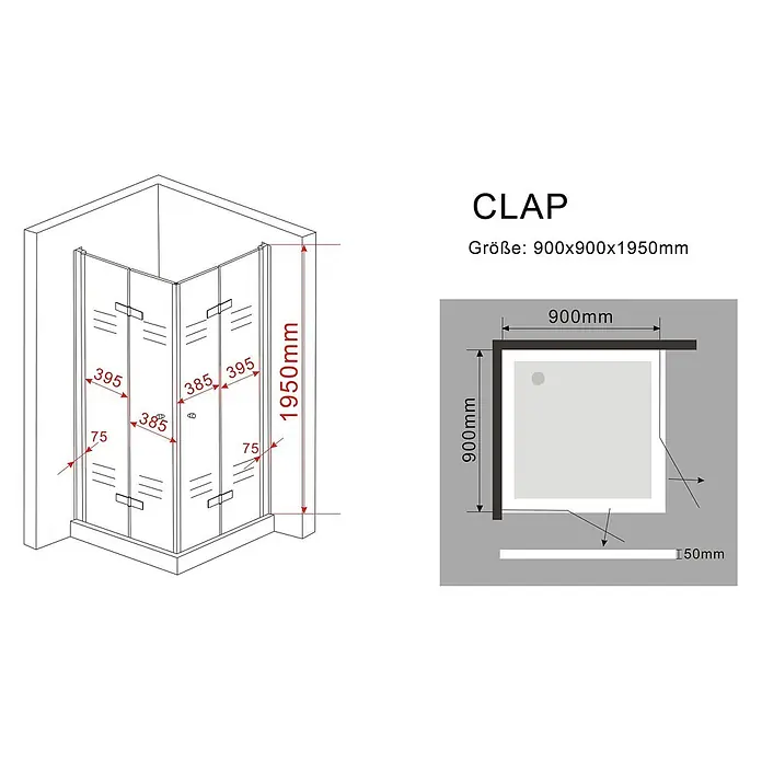 Glasdeals Eckdusche CLAP 90 x 90 x 195 cm - 90 x 90 x 195 cm, Beschichtet, Chrom, Stärke: 8 mm - Eckdusche mit Falttüren, Klarglas und silbernen Profilen, Maße 900x900x1950mm.