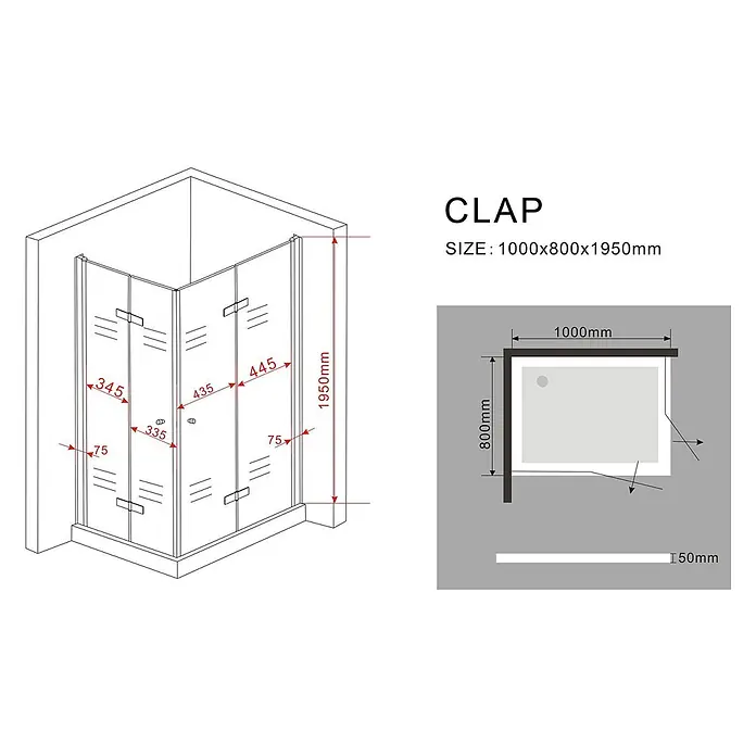 Glasdeals Eckdusche CLAP 100 x 80 x 195 cm - 80 x 100 x 195 cm, Beschichtet, Chrom, Stärke: 8 mm - Eckduschkabine mit Faltglastüren und Aluminiumrahmen, 1000x800x1950mm.
