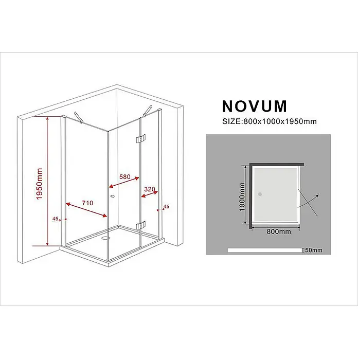 Glasdeals Eckdusche NOVUM 100 x 80 x 195 cm - 80 x 100 x 195 cm, Beschichtet, Chrom, Stärke: 8 mm - Transparente Glasduschkabine mit Drehtür, Maße 800x1000x1950mm.