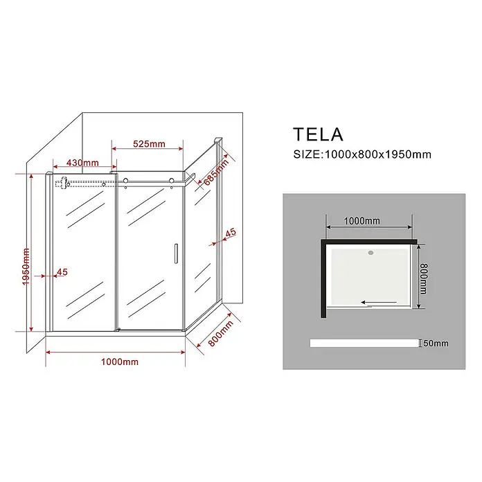 Glasdeals Eckdusche TELA 100 x 80 x 195 cm - 80 x 100 x 195 cm, Beschichtet, Chrom, Stärke: 8 mm - Rechteckige Glasduschkabine mit Schiebetür und detaillierten Maßen.