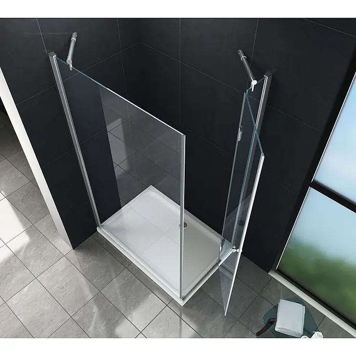 Glasdeals Eckdusche NOVUM-SIDE 120 x 90 x 195 cm - 90 x 120 x 195 cm, Beschichtet, Chrom, Stärke: 8 mm - Eckduschkabine mit klaren Glaswänden, silbernem Rahmen und weißer Duschwanne.