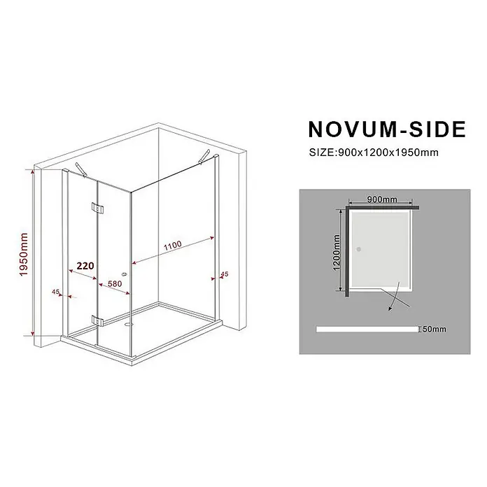 Glasdeals Eckdusche NOVUM-SIDE 120 x 90 x 195 cm - 90 x 120 x 195 cm, Beschichtet, Chrom, Stärke: 8 mm - NOVUM-SIDE Duschkabine, 900x1200x1950mm, mit Klarglas und Flügeltür.