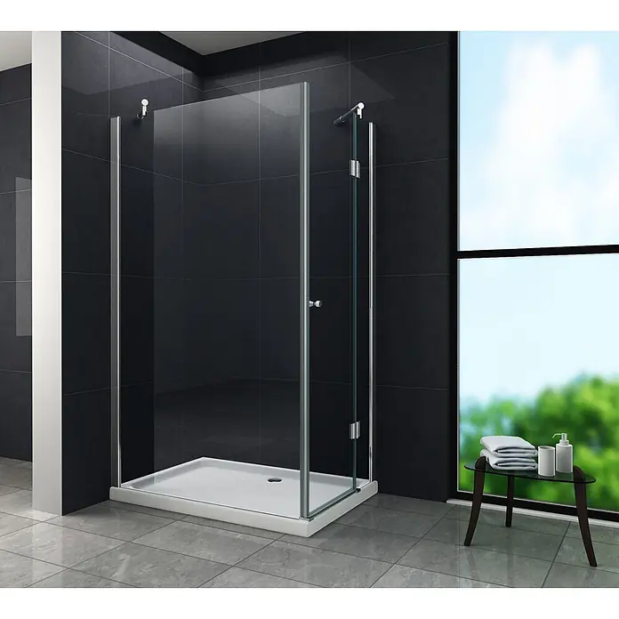 Glasdeals Eckdusche NOVUM-SIDE 120 x 90 x 195 cm - 90 x 120 x 195 cm, Beschichtet, Chrom, Stärke: 8 mm - Eckduschkabine mit Klarglaswänden, chromfarbenen Armaturen und einer weißen Duschwanne.