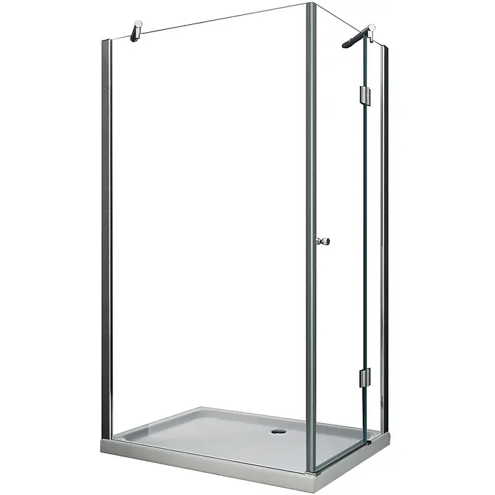 Glasdeals Eckdusche NOVUM-SIDE 120 x 90 x 195 cm - 90 x 120 x 195 cm, Beschichtet, Chrom, Stärke: 8 mm - Transparente Glasduschkabine mit silberfarbenem Rahmen und weißer Duschwanne.