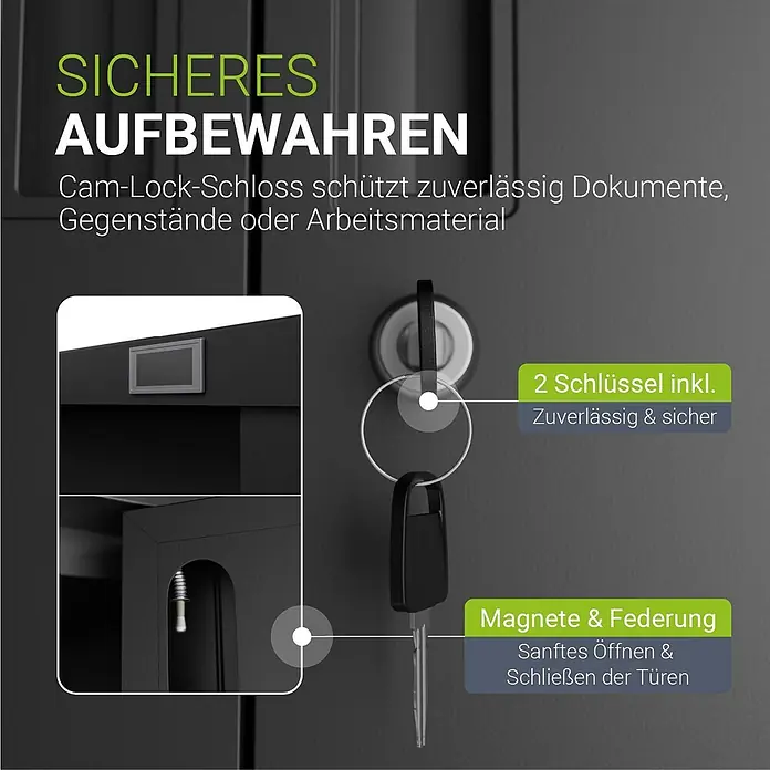 Juskys Aktenschrank Aktenschrank - B x T x H: 80 x 40 x 180 cm, Schwarz - Nahaufnahme eines dunklen Sicherheitsschranks mit Cam-Lock-Schloss und Schlüsseln, zeigt Feder- und Magnetmechanismen für sicheres, sanftes Schließen.