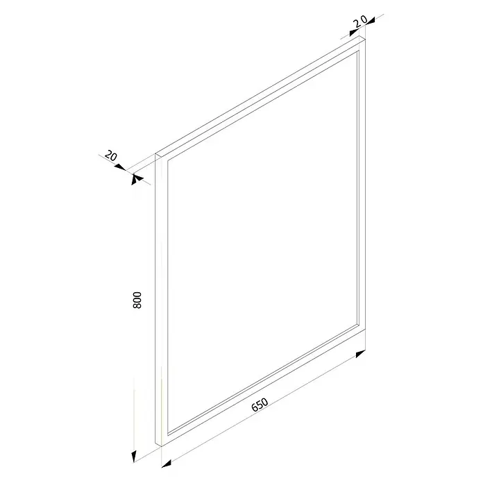Cordia Rahmenspiegel - 80 x 65 cm, Silber, Aluminium - Technische Zeichnung eines rechteckigen Metallprofilrahmens, 800x650x20 mm.