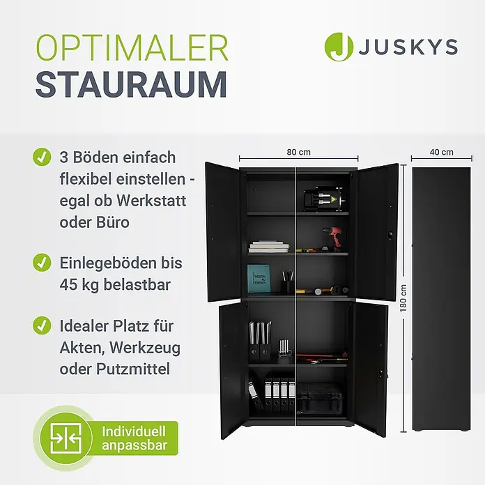 Juskys Aktenschrank Aktenschrank - B x T x H: 80 x 40 x 180 cm, Schwarz - Schwarzer Metallschrank mit verstellbaren Einlegeböden für vielseitigen Einsatz in Werkstatt oder Büro, bis 45 kg belastbar, ideal für Akten und Werkzeuge.