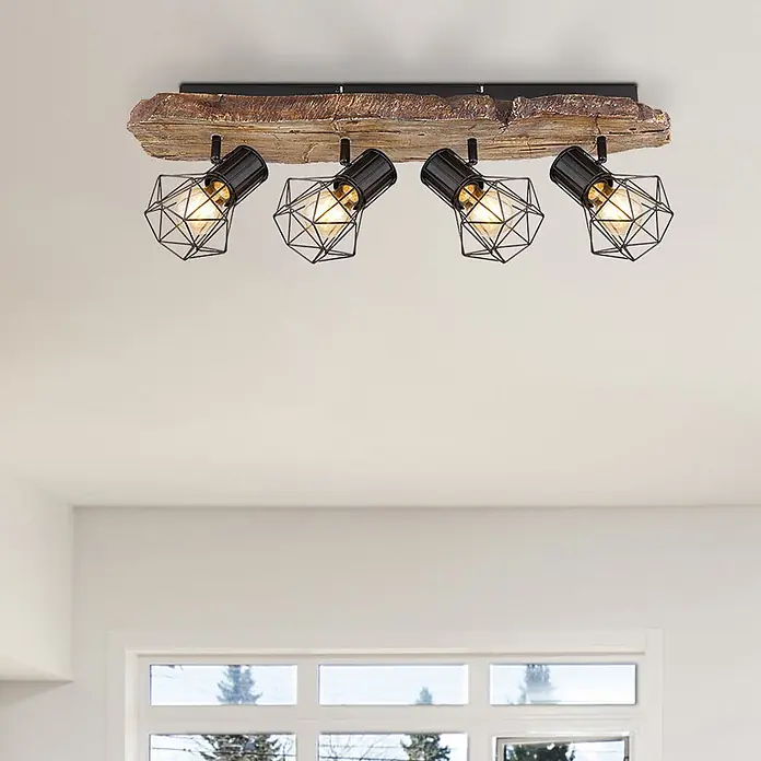 Globo Deckenstrahler Priska - 60 W, L x B x H: 780 x 150 x 240 mm, E27 - Vierflammige Deckenstrahlerleiste mit rustikalem Holzbalken und schwarzen geometrischen Metallschirmen.