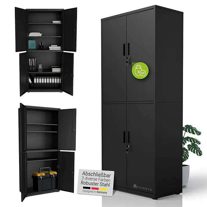 Juskys Aktenschrank Aktenschrank - B x T x H: 80 x 40 x 180 cm, Schwarz - Schwarzer abschließbarer Stahlschrank mit mehreren Fächern, offen und geschlossen gezeigt.