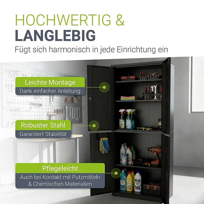 Juskys Aktenschrank Aktenschrank - B x T x H: 80 x 40 x 180 cm, Schwarz - Schwarzer Metall-Mehrzweckschrank mit mehreren Regalböden, gefüllt mit Werkzeugen und Reinigungsmitteln.