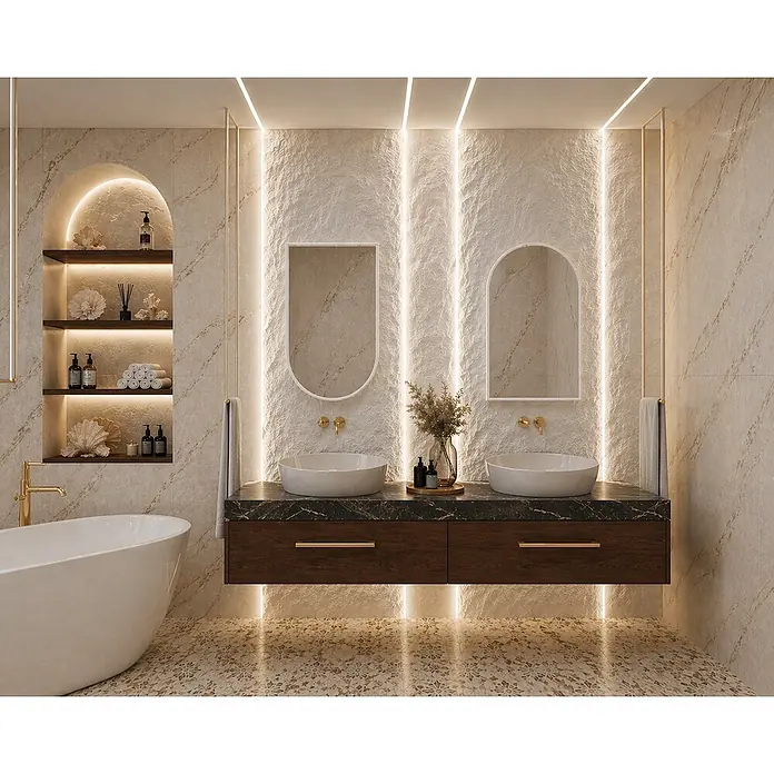 Cordia Rahmenspiegel - 50 x 80 cm, Weiß, Aluminium - Modernes Badezimmer mit dunklem Doppelwaschtisch (Holz/Stein), weißen Waschbecken, freistehender Wanne und beleuchteten Bogennischen. Elegantes Design.