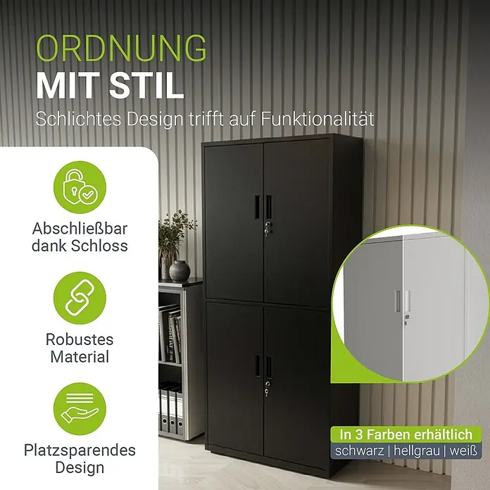 Juskys Aktenschrank Aktenschrank - B x T x H: 80 x 40 x 180 cm, Schwarz - Schwarzer Metallschrank mit zwei abschließbaren Doppeltürfächern. Auch in Hellgrau gezeigt, betont sein robustes, platzsparendes Design.
