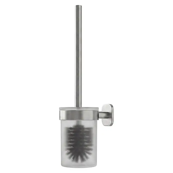 Venus WC-Bürstengarnitur Prag - Edelstahl, Edelstahl - Wandmontierter Toilettenbürstenhalter mit gebürstetem Metallgriff, mattiertem Glasbehälter und dunkler Bürste.