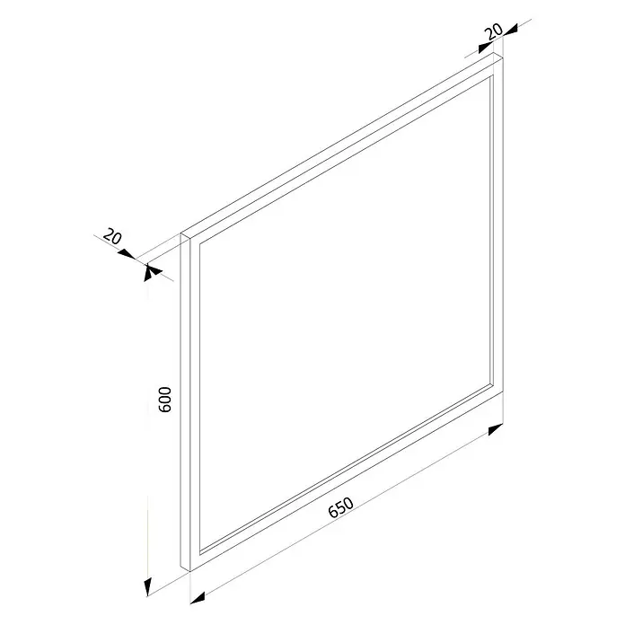 Cordia Rahmenspiegel - 60 x 65 cm, Silber, Aluminium - Technische Zeichnung eines rechteckigen Rahmens, 650 mm breit, 600 mm hoch, mit 20 mm Profilstärke.