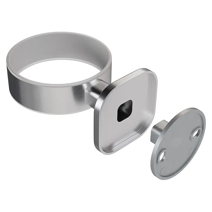 Venus Zahnputzbecher Prag - Edelstahl, Edelstahl - Zerlegte Wandhalterungsteile: gebürsteter silberner Metallhalter, Montageplatte und Ring mit mattierter Innenseite.