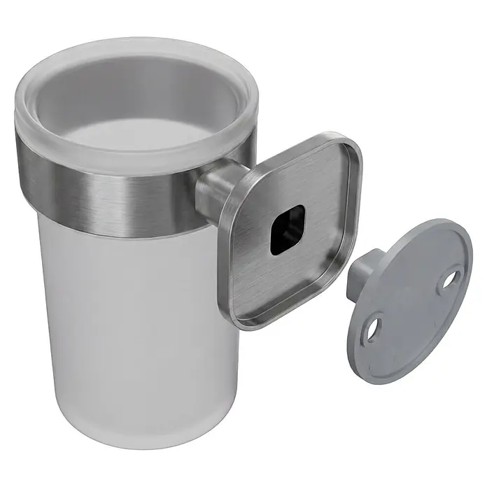 Venus Zahnputzbecher Prag - Edelstahl, Edelstahl - Wandmontierter Zahnputzbecherhalter mit mattiertem Glasbecher, gebürsteter Metallhalterung und grauer Montageplatte.
