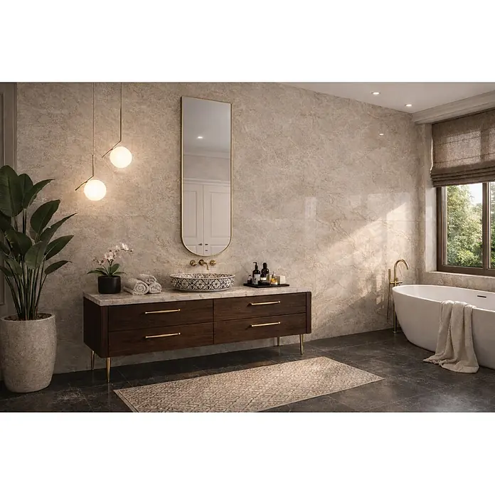 Cordia Rahmenspiegel - 50 x 140 cm, Weiß, Aluminium - Elegantes Badezimmer mit dunklem Holzwaschtisch, gemusterter Waschschale, goldenem Spiegel und freistehender Badewanne.